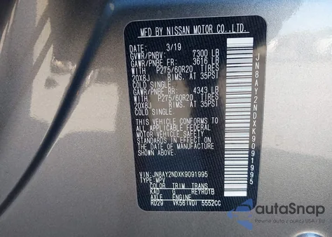 2019 Nissan Armada Sl from USA, damaged, VIN JN8AY2NDXK9091995